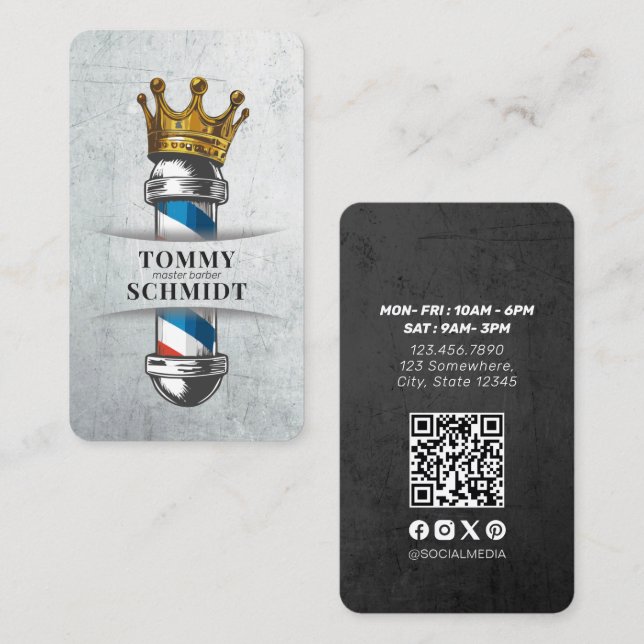 Barber Hair Shop Royal Crown Barber Pole QR Code Business Card (Front/Back)