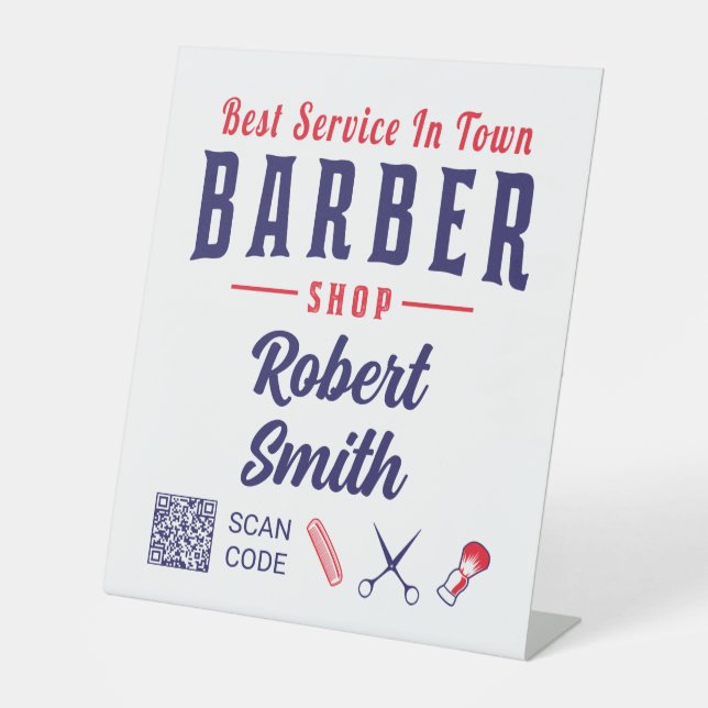 Barber Hair Stylist QR Code Barbershop Pedestal Sign (Front)