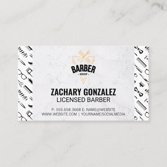 Barber Logo | Barber Tools Pattern Marble Loyalty Card (Front)