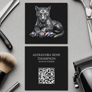 Barber Logo Metal Silver Razor Panther Barber Shop Square Business Card