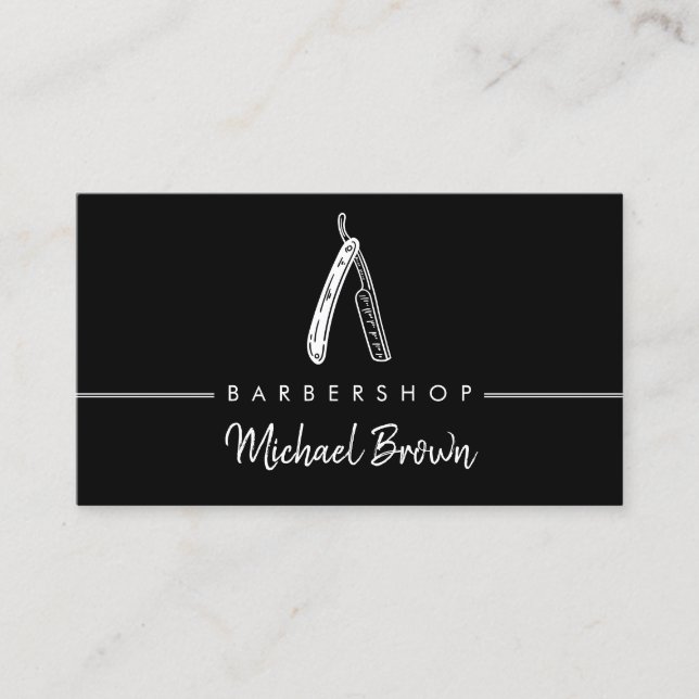 Barber Logo Razor Shadow Business Card (Front)