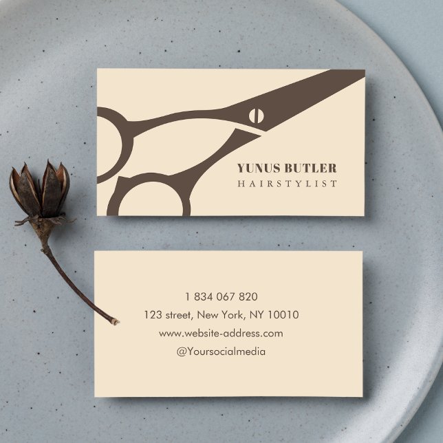 Barber Minimalist Scissor Hair Stylist Beige Business Card (Creator Uploaded)