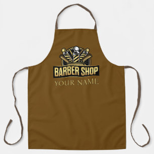 Barber name gold logo barber shop brown apron