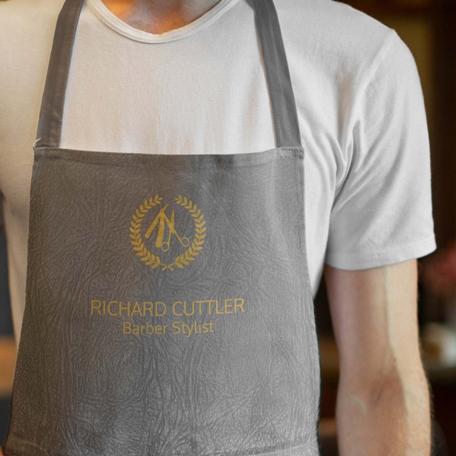 Barber name gold logo barber shop grey leather apron (The leather texture look is PRINTED, IT IS NOT REAL LEATHER)