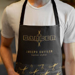 Barber name gold scissors pattern barbershop black apron<br><div class="desc">Personalised barber stylist apron with faux gold bold typography script logo and with the barber's name and title over black scissors patterned background.           Perfect for a professional men salon employee look.</div>