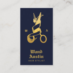 Barber Navy Gold Scissors Monogram Photo Business Card