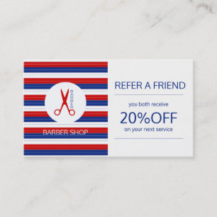 Barber navy white red striped modern referral card