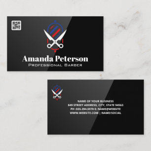 Barber Pole and Scissors Logo QR Code Business Card
