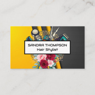 Barber Pole and Tools Flowers Hair Business Card