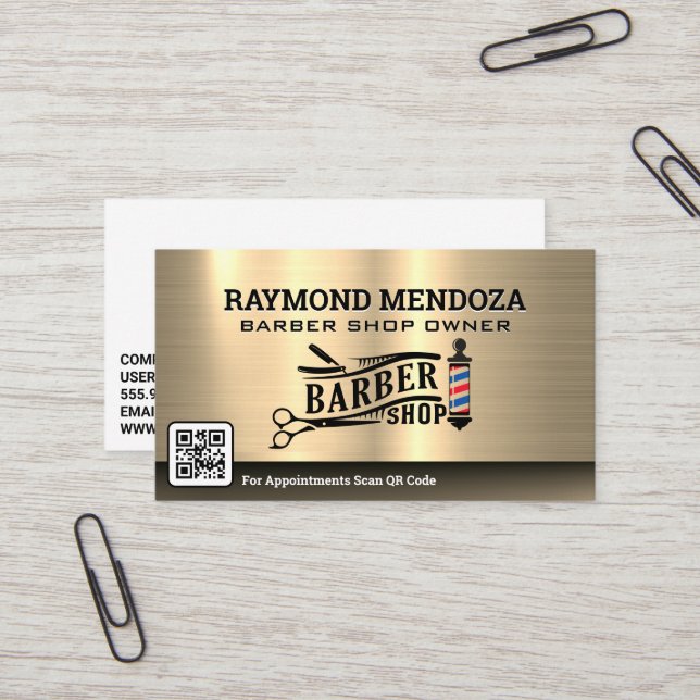 Barber Pole and Tools | Gold Metallic Business Card (Front/Back In Situ)