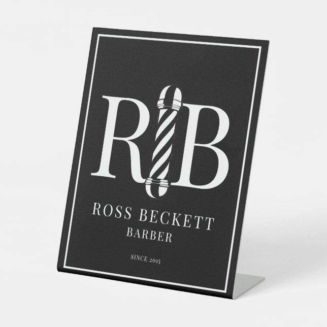 Barber Pole Barber Hair Stylist Black White Square Pedestal Sign (Front)