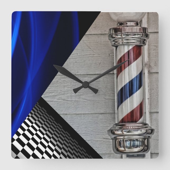 Barber Pole,Black, White, Checkers, Blue Abstract Square Wall Clock (Front)