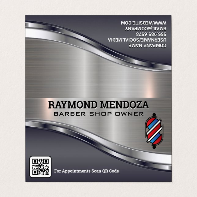 Barber Pole Logo | QR Code | Metallic Sleek Business Card (Outside Unfolded)