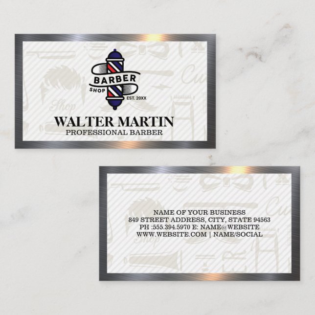 Barber Pole Logo | Stylish Metallic Business Card (Front/Back)