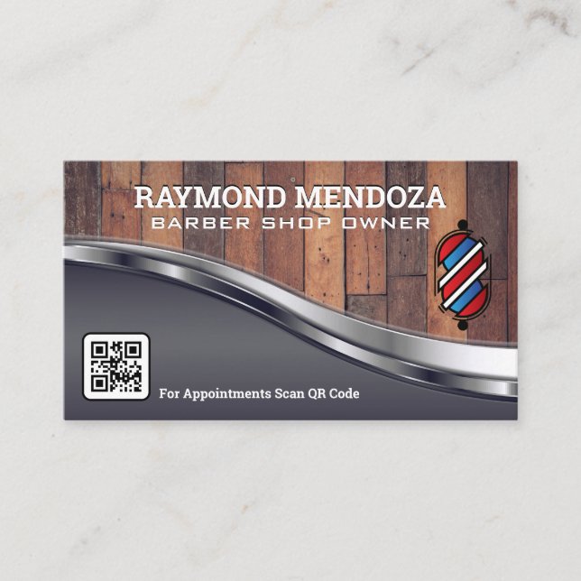 Barber Pole Logo | Wood Metallic | QR Code Business Card (Front)