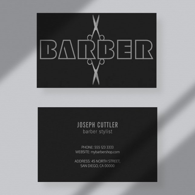 Barber professional silver script scissors black business card (Creator Uploaded)