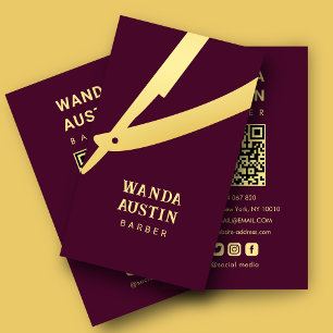 Barber Razor Burgundy And Gold Qr Code Business Card