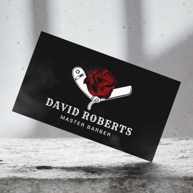 Barber Razor & Red Rose Barbershop Black Hair Business Card (Creator Uploaded)