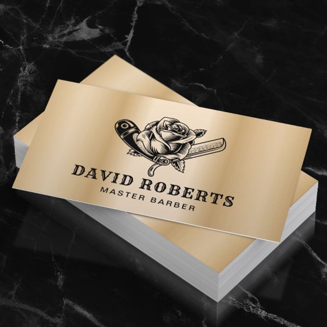 Barber Razor & Rose Logo Barbershop Gold Hair Business Card (Creator Uploaded)