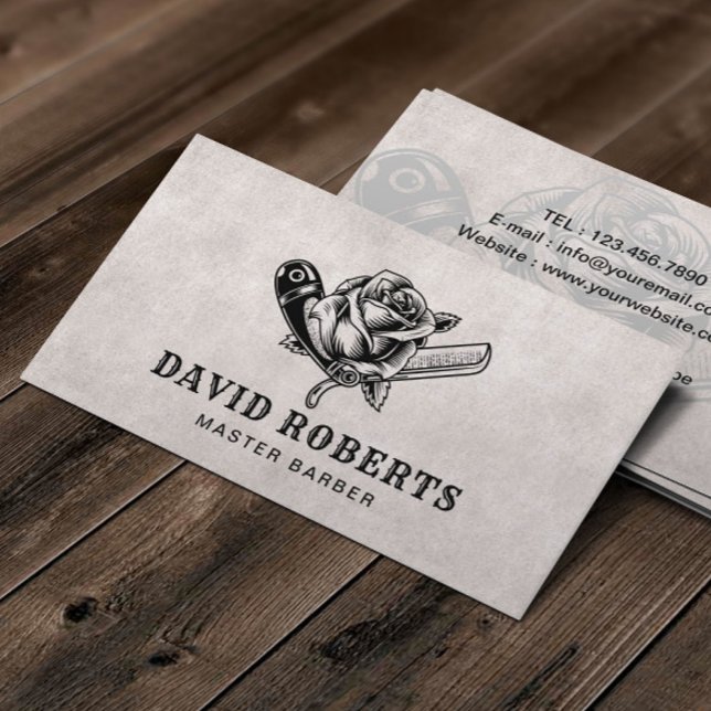 Barber Razor & Rose Logo Barbershop Hair Stylist Business Card (Creator Uploaded)
