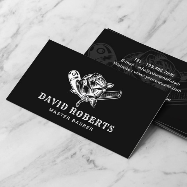Barber Razor & Rose Logo Barbershop Plain Black Business Card (Creator Uploaded)