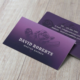 Barber Razor & Rose Logo Barbershop Purple Hair Business Card