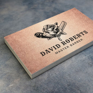 Barber Razor & Rose Logo Barbershop Rose Gold Hair Business Card
