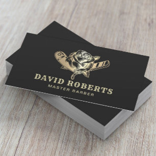 Barber Razor & Rose Logo Black Gold Barbershop Business Card