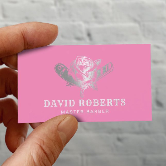 Barber Razor & Rose Logo Pink & SIlver Barbershop Business Card (Creator Uploaded)