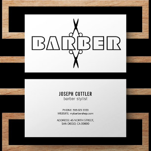 Barber script modern black and white scissors business card