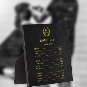 Barber shop black leather look price list plaque