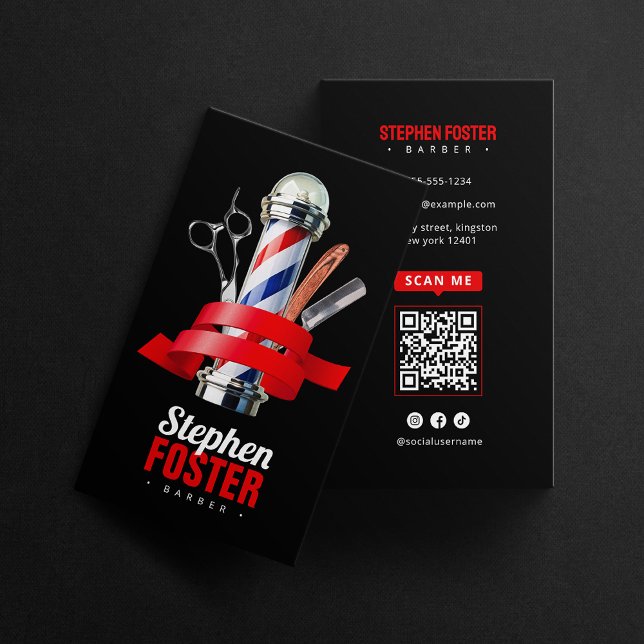 Barber Shop Black & Red Pole Barbershop QR Code Business Card (Creator Uploaded)
