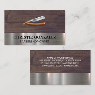 Barber Shop Blade Metal and Wood Business Card