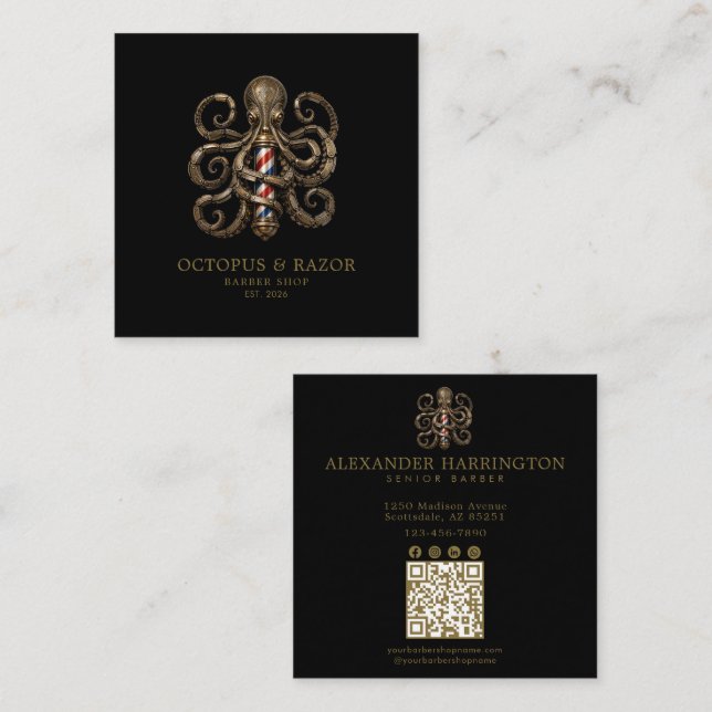 Barber Shop Bronze Octopus Professional Qr Code Square Business Card (Front/Back)