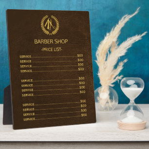 Barber shop dark brown leather look price list plaque