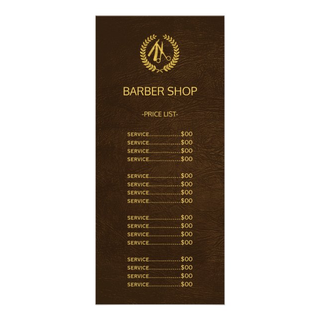 Barber shop dark brown leather look price list rack card (Front)