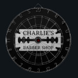 Barber shop dartboard with razor blade design<br><div class="desc">Barber shop dartboard with razor blade design. Custom decor for men's hair salon. Stylish gift for hair salon owner. Make your own trendy barber shop present for boss, coworker, employees etc. Unique hair stylist gift ideas. Personalised with your own business name or company slogan. Masculine decoration with sharp edge. Black...</div>