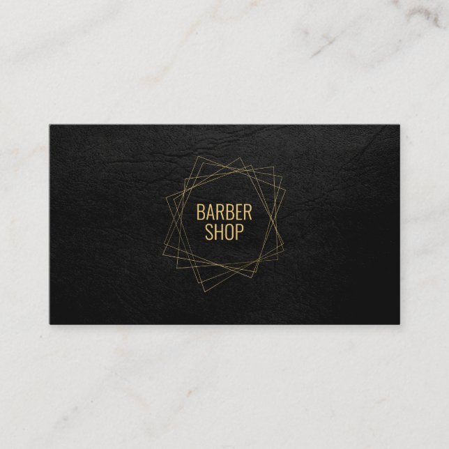 Barber shop elegant black leather gold geometric business card (Front)