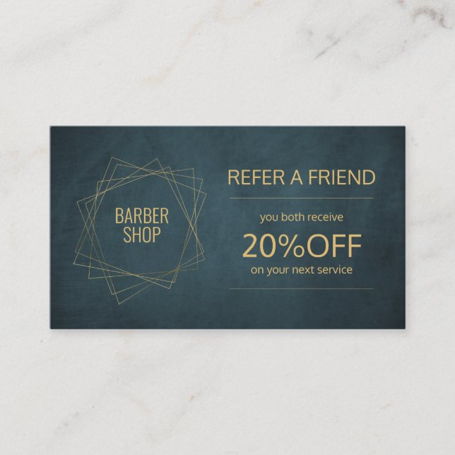 Barber shop elegant navy gold referral template card (Front)