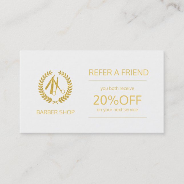 Barber shop gold and white referral template card (Front)