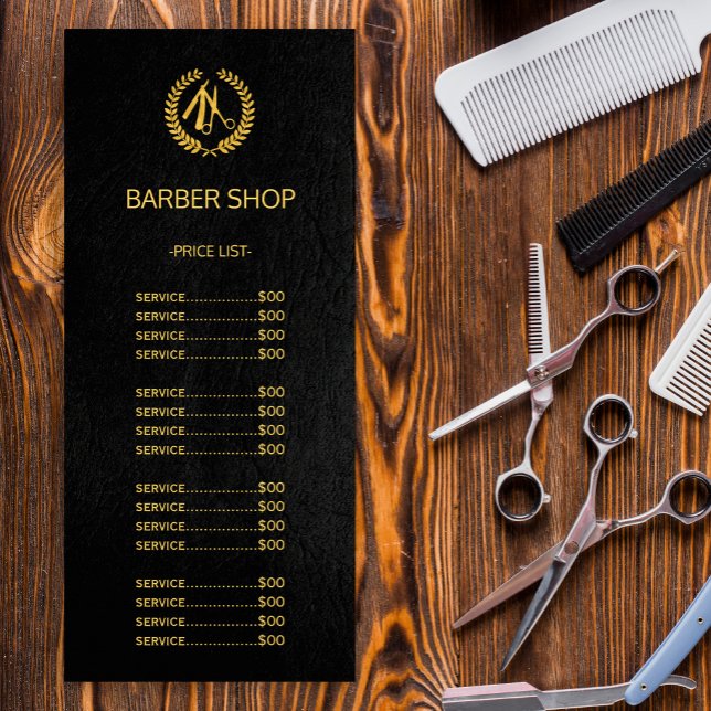 Barber shop gold black leather look price list rack card (Creator Uploaded)