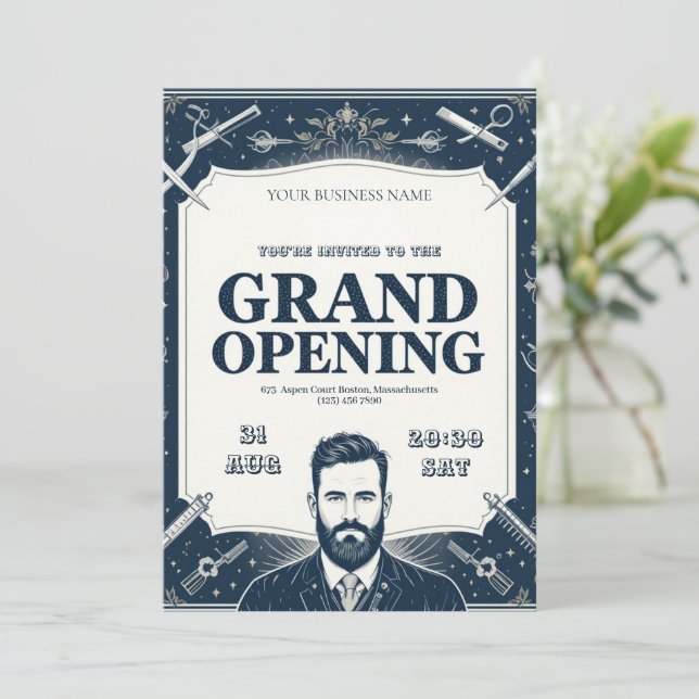 Barber Shop grand opening invitation (Standing Front)