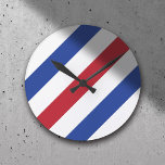 Barber Shop Hair Stylist Minimalist Blue Red Stipe Round Clock<br><div class="desc">Barber Shop Hair Stylist Minimalist Barber Blue & Red Stripes Clock.</div>