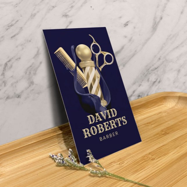 Barber Shop Hair Stylist Navy & Gold Barbershop Business Card (Creator Uploaded)