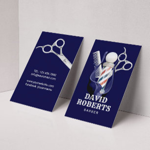 Barber Shop Hair Stylist Navy & Silver Barbershop Business Card