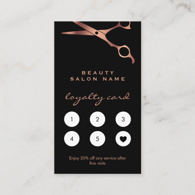 Barber Shop Hairdresser Black Copper Scissors Loyalty Card (Front)