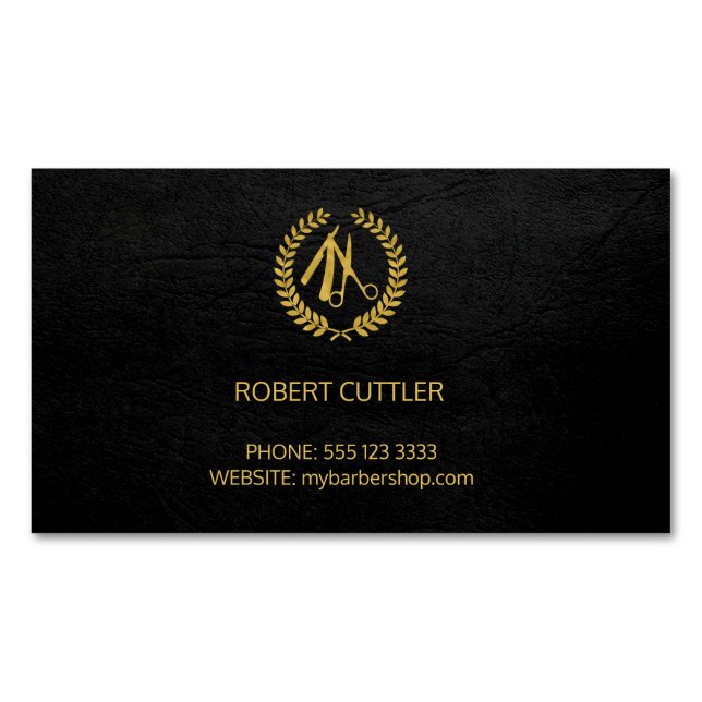 Barber shop luxury simple black leather look magnetic business card (Front)