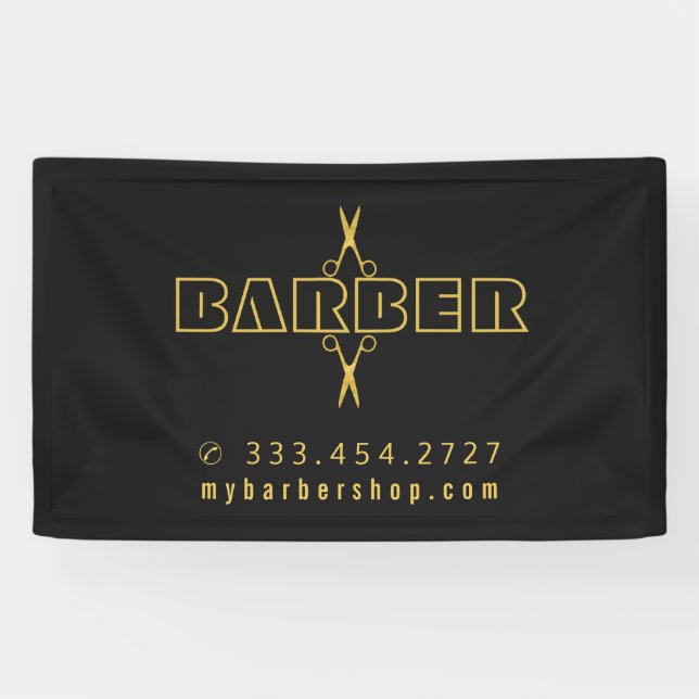 Barber shop modern script gold scissors black banner (Horizontal)