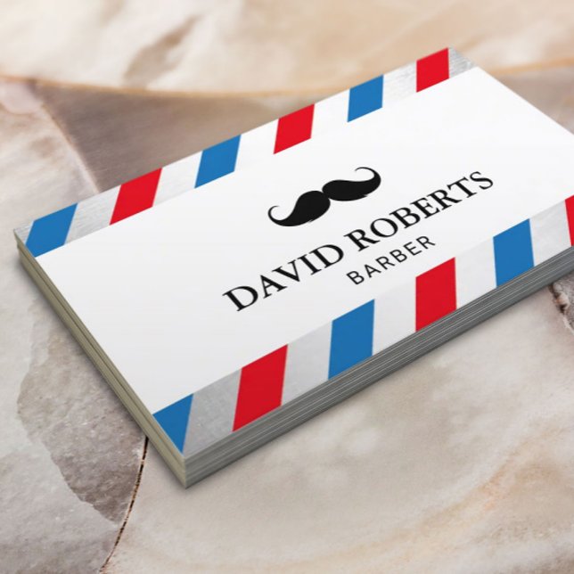 Barber Shop Moustache Hair Stylist Blue Red Stripe Business Card (Creator Uploaded)