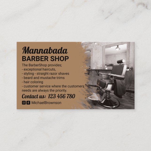 Barber shop photo brown retro chair decor business card (Front)